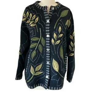 Icelandic Design Leaf Embroidered Black Wool Cardigan Jacket, Sz XL